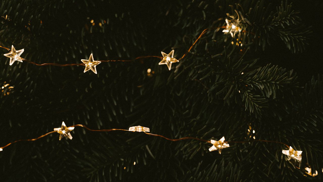 Обои гирлянда, звезды, елка, украшение, новый год