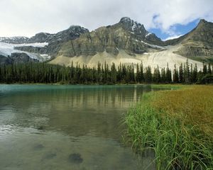 Превью обои glacial lake, alberta, канада, горы, деревья, трава, озеро