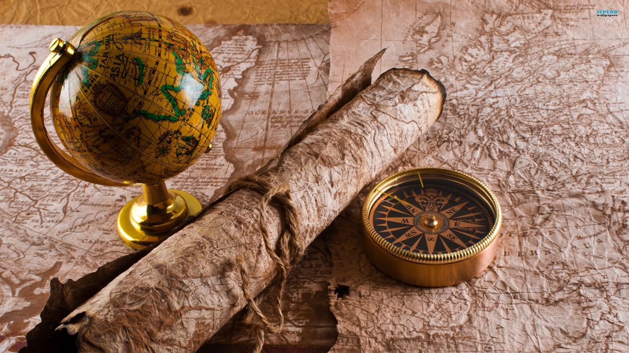 Обои глобус, карта, стол, путешествие, компас