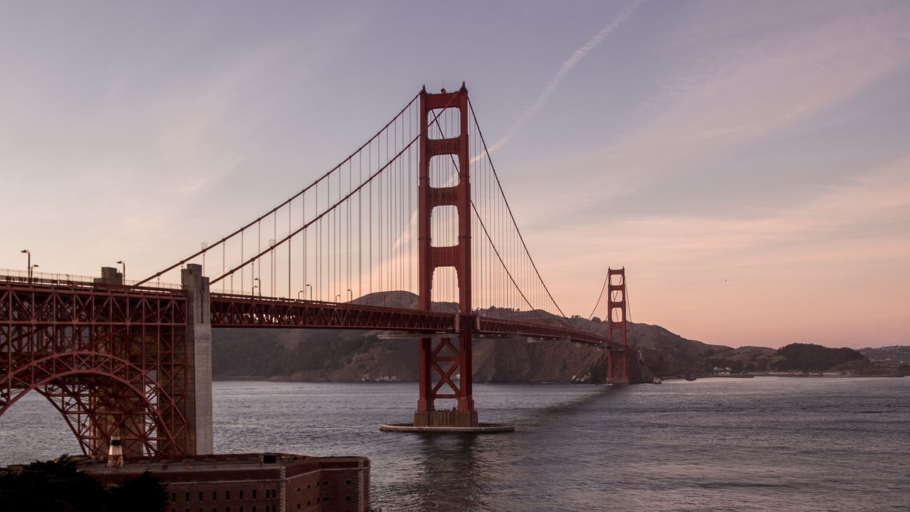 Обои golden gate, мост, вода, берег, дорога