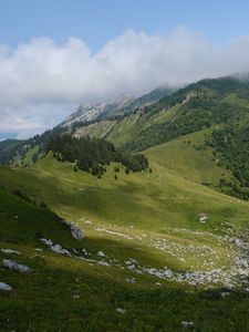 Превью обои гора, деревья, облака, природа, пейзаж