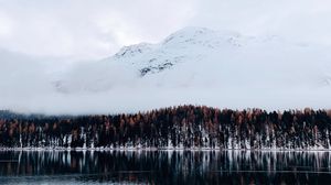 Превью обои гора, деревья, озеро, снег, зима, небо