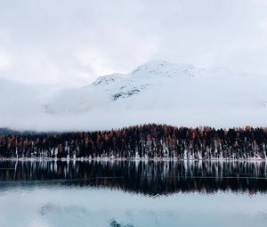 Превью обои гора, деревья, озеро, снег, зима, небо