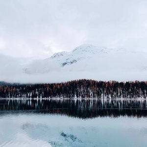 Превью обои гора, деревья, озеро, снег, зима, небо