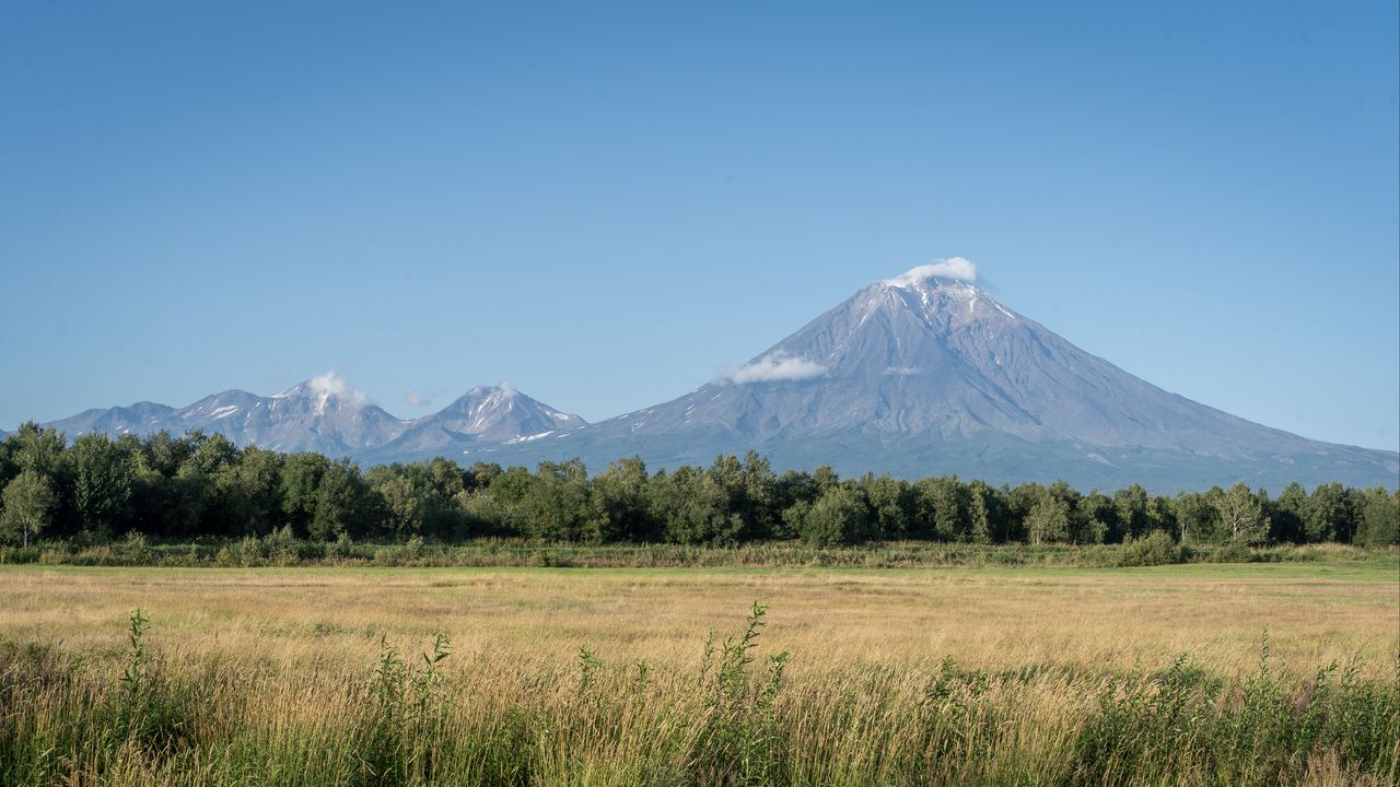 Обои гора, долина, трава, деревья, пейзаж, природа