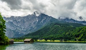 Превью обои гора, дом, лес, озеро, природа