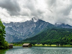 Превью обои гора, дом, лес, озеро, природа