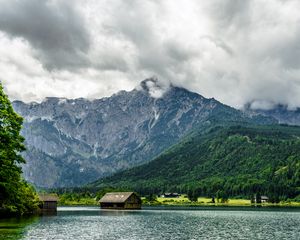 Превью обои гора, дом, лес, озеро, природа