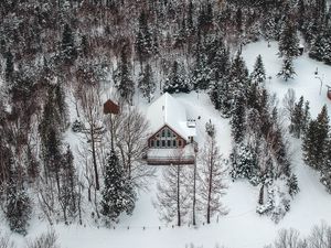 Превью обои гора, дом, вид сверху, деревья, снег, зима