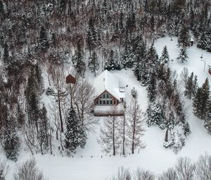 Превью обои гора, дом, вид сверху, деревья, снег, зима