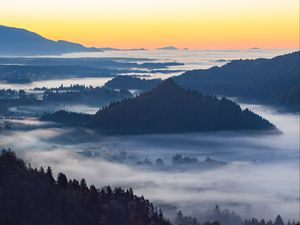Превью обои гора, лес, холмы, туман, вид, пейзаж