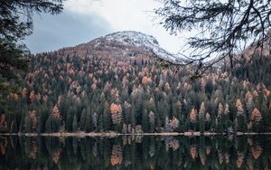 Превью обои гора, озеро, деревья, вода, отражение