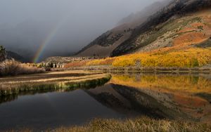 Превью обои гора, озеро, радуга, пейзаж, природа