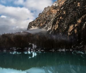 Превью обои гора, озеро, туман, озеро брайес, италия, пейзаж