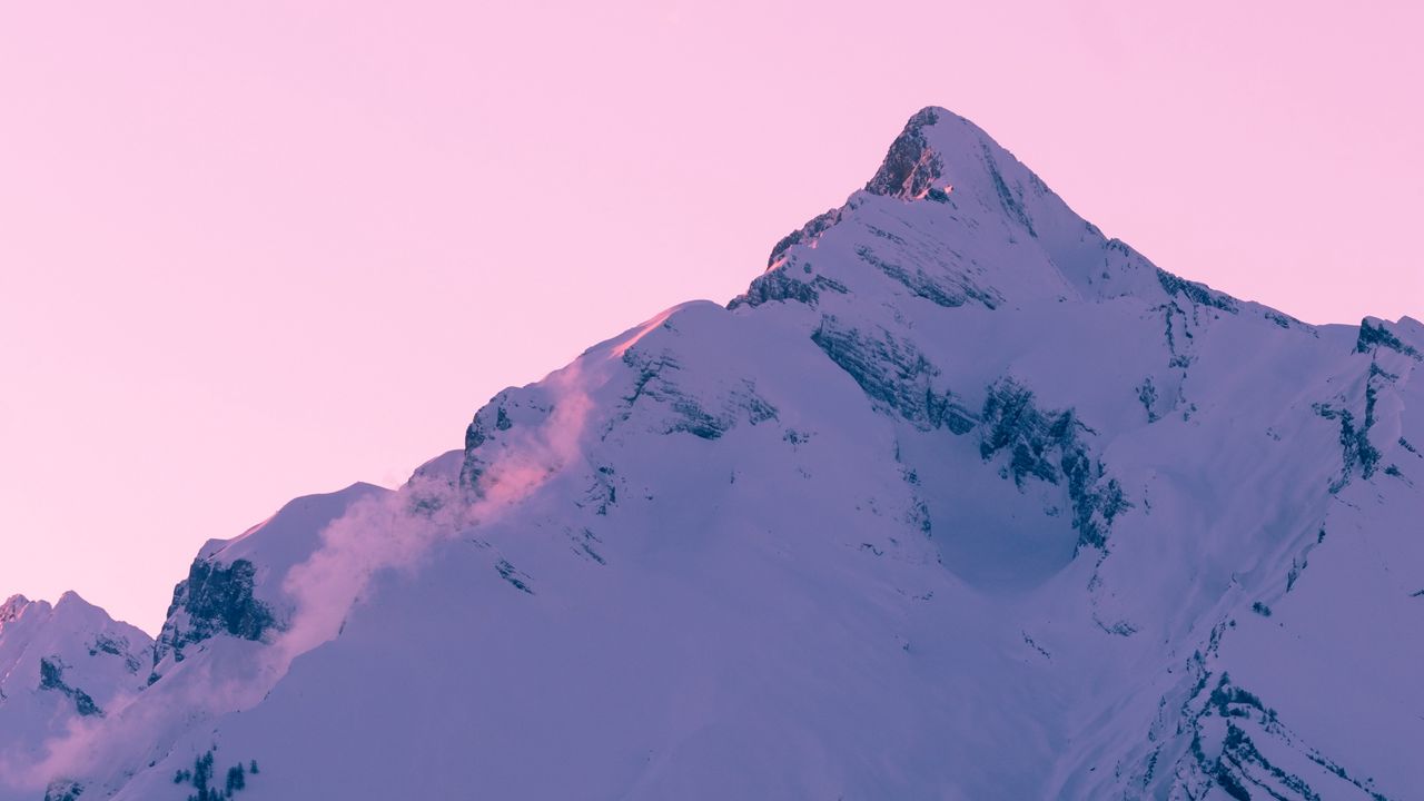 Обои гора, пик, снег, зима, закат, небо, розовый