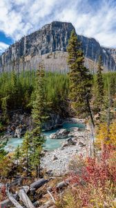 Превью обои гора, река, деревья, пейзаж, природа