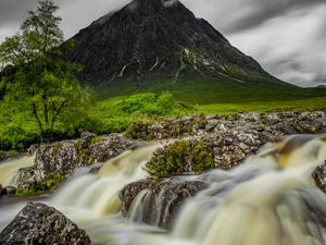 Превью обои гора, река, ручей, камни, вода