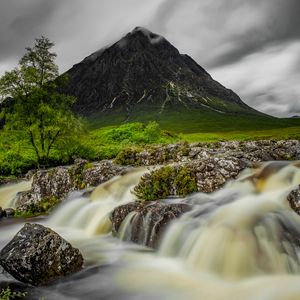 Превью обои гора, река, ручей, камни, вода