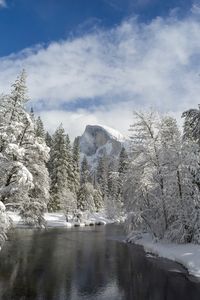 Превью обои гора, река, снег деревья, долина