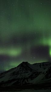 Превью обои гора, северное сияние, снег, ночь, исландия