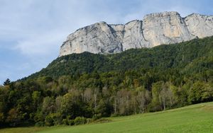 Превью обои гора, скала, деревья, лужайка, склон