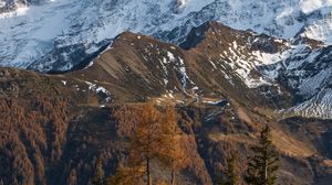 Превью обои гора, снег, деревья, лужа, пейзаж