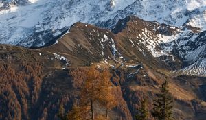 Превью обои гора, снег, деревья, лужа, пейзаж