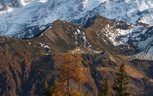 Превью обои гора, снег, деревья, лужа, пейзаж