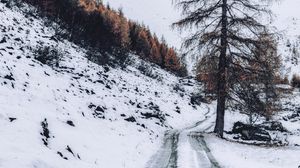 Превью обои гора, снег, деревья, дорога, зима, природа