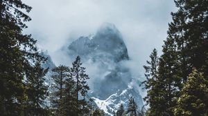 Превью обои гора, снег, деревья, облака, зима, пейзаж