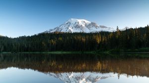 Превью обои гора, снег, лес, деревья, отражение, озеро