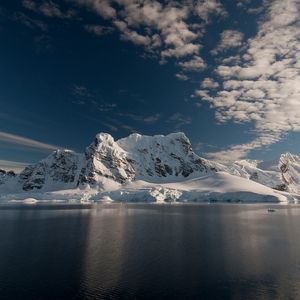 Превью обои гора, снег, море, рассвет, облака, антарктида