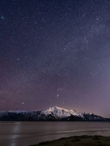 Превью обои гора, снег, море, звездное небо, ночь