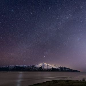 Превью обои гора, снег, море, звездное небо, ночь