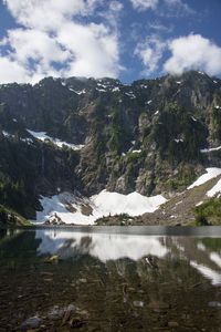 Превью обои гора, снег, река, дно