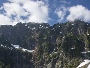 Превью обои гора, снег, река, дно