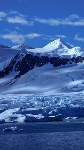 Превью обои гора, снег, заснеженный, антарктида, залив