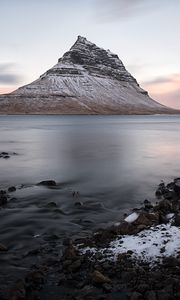 Превью обои гора, сумерки, вода, камни