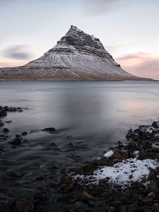 Превью обои гора, сумерки, вода, камни