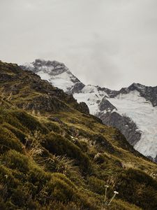 Превью обои гора, трава, снег, холм