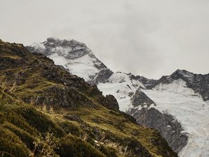Превью обои гора, трава, снег, холм