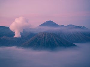 Превью обои гора, туман, облака, гора бромо, индонезия