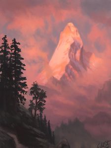 Превью обои гора, вершина, деревья, пейзаж, арт