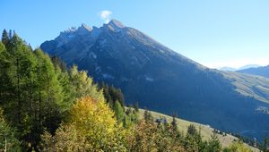 Превью обои гора, вершина, деревья, природа, пейзаж, вид