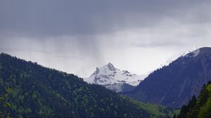 Превью обои гора, вершина, лес, дождь, пейзаж