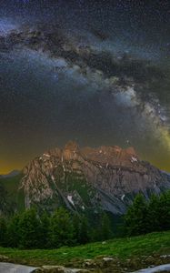 Превью обои гора, вершина, млечный путь, дорога, ночь