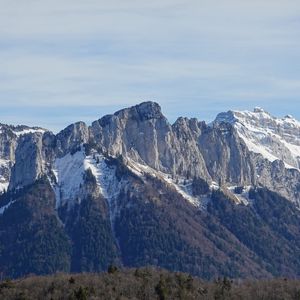 Превью обои гора, вершина, склон, снег, лес, пейзаж