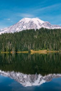 Превью обои гора, вершина, снег, деревья, озеро, пейзаж
