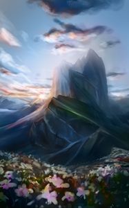 Превью обои гора, вершина, цветы, пейзаж, арт