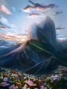Превью обои гора, вершина, цветы, пейзаж, арт